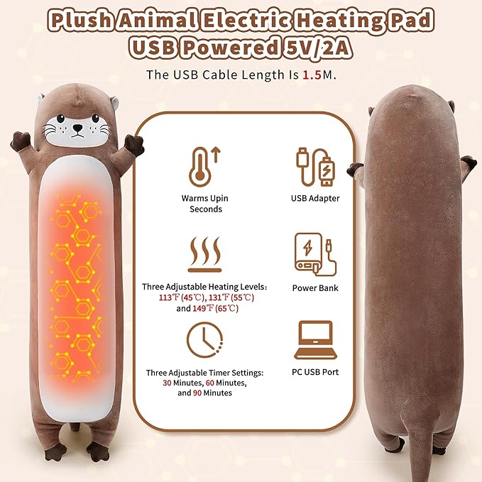 Otter Heating Pad-USB Heated Plush Stuffed Animals for Period Cramps and Menstrual Pain Relief,20” Portable Electric Heating Pad,Built-Pocket Plushies for Women Mom Girls Birthday Gifts