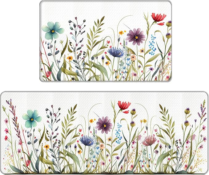 Bulijojo Wildflower Floral Anti Fatigue Kitchen Floor Mats Set of 2 Waterproof Kitchen Sink Runner Rug Standing Mat Cushioned Kitchen Rugs Comfort Doormat 17"x47"+17" x30“