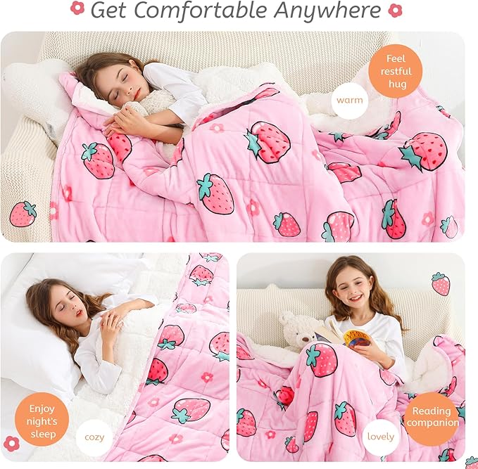 Aemicion Weighted Blanket 10 pounds Twin Size 48"x 72",Soft Sherpa Fleece Heavy Blanket for Sleeping Perfect for 80-110lbs, Cute Strawberry Pink Weighted Blanket for Bed or Couch