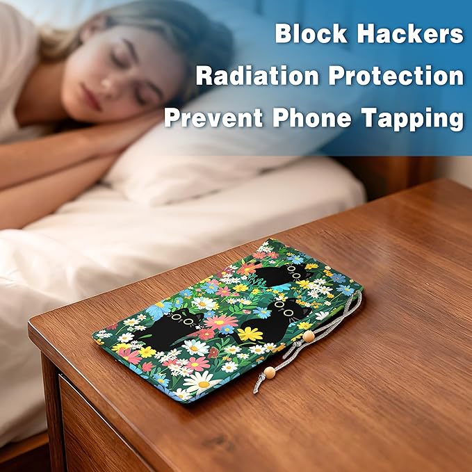 EMF Shield Sleeve for Cell Phone Reduce Signal Anti-EMP Pouch Against Radiation, EMF, 5G, RFID Blocking 4x8 Inch Black Cat Floral Phone Sleeve Bags