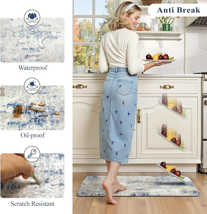 LEEVAN Kitchen Mats Cushioned Anti Fatigue Blue Set of 2,Non Slip Waterproof Kitchen Mats for Floor,Memory Foam Comfort Abstract Kitchen Floor Mat for Sink,Laundry,Home,Office,Desk(17"x29"+17"x47")