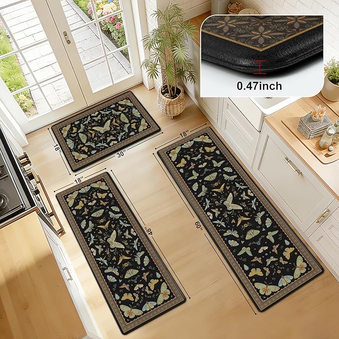 Yinhua Kitchen Rugs Sets of 3, Black Insect Kitchen Rugs Non Slip Washable, Farmhouse Anti Fatigue Mats for Kitchen Floor, PVC Waterproof Rug for Spring Summer, 18''x30''+18''x48''+18''x60''