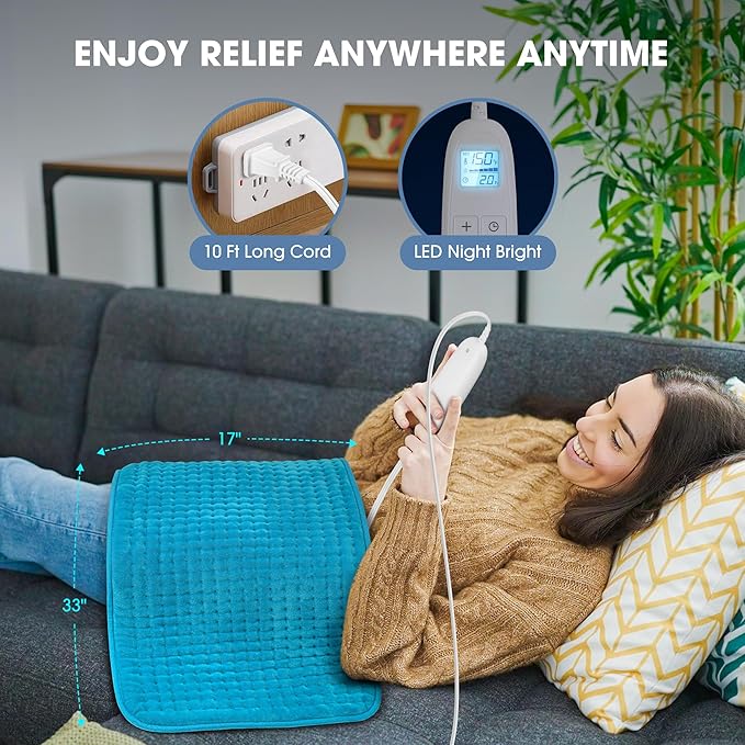 FluffyWarmth Electric Heating Pad for Back, Extra Large 17''x 33'' XXXL for Full Body,Menstrual Period Cramps,Neck Shoulder Back Pain Relief, 6 Heat Settings 4 Timers Heating Pad, Gifts for Women Men