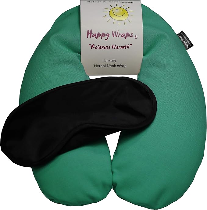 Microwavable Herbal Neck Wrap - Hot Cold Aromatherapy Neck Warming Pillow - Heating Pad for Migraines, Stress, Gifts for Women, Birthdays, Christmas and Free Sleep Mask - Green