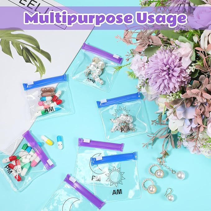 70 Pcs Pill Pouch Bags Zippered Reusable Medicine Pouches Travel Plastic Pill Bags Self Sealing Medicine Organizer with Slide Lock for Medication, Vitamins, Jewelry, Daily Small Items(Moon and Sun)