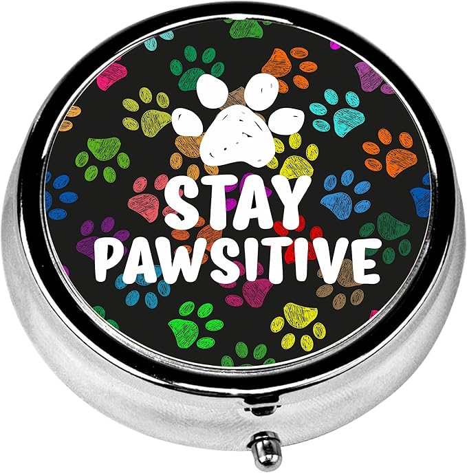 Pill Box, 3 Compartments Small Dog Lover Pill Case Travel Portable Metal Medicine Box with Mirror Mini Container for Purse Pocket Women Men(Dog Paw)