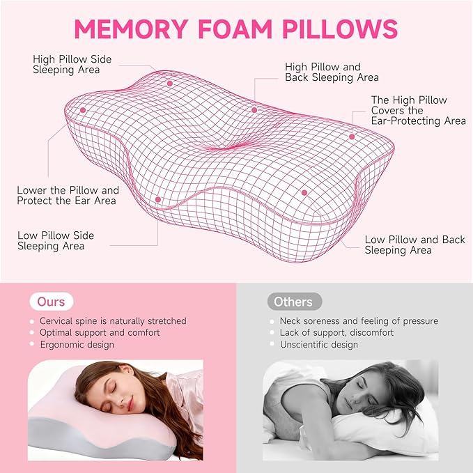 Ergonomic Neck Pillow for Sleeping, Breathable Snoring Memory Foam Pillows, Sleep Apnea Pillows for Neck Correcting/Cozy Rest/Deep Sleep/Fibromyalgia Pillow [Pink]