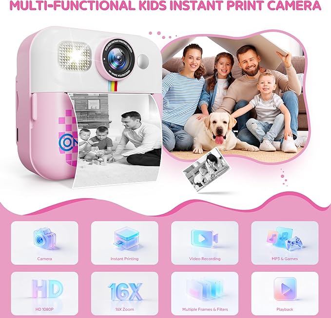 Contixo KC4 Kids Camera Instant Print, Pink 2.4” Screen Children Digital Printing Cameras with 1080P Video, 16X Zoom, 32GB Storage, Toddler Portable Travel Toys for Age 3 Years Up Girls Boys