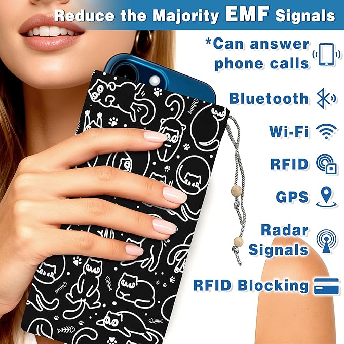 EMF Shield Sleeve for Cell Phone Reduce Signal Anti-EMP Pouch Against Radiation, EMF, 5G, RFID Blocking 4x8 Inch Cats Phone Sleeve Bags
