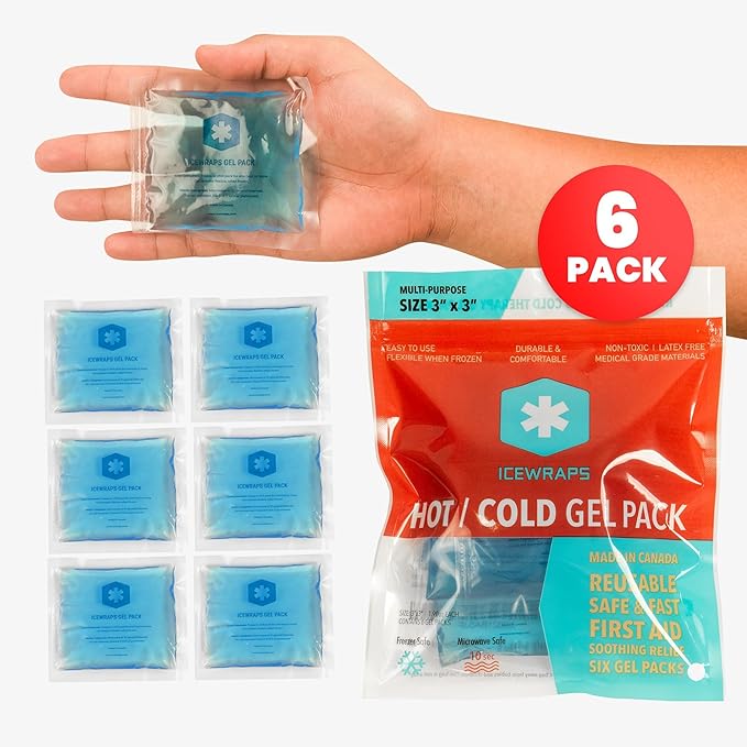 ICEWRAPS Mini Reusable Ice Packs, 3" x 3" Gel Packs, Hot & Cold Therapy for Injuries, Kids’ Boo Boos, Face, Wisdom Teeth, Mosquito Bite, Headaches & Fever, 6 Pack, Blue – FSA-HSA Eligible