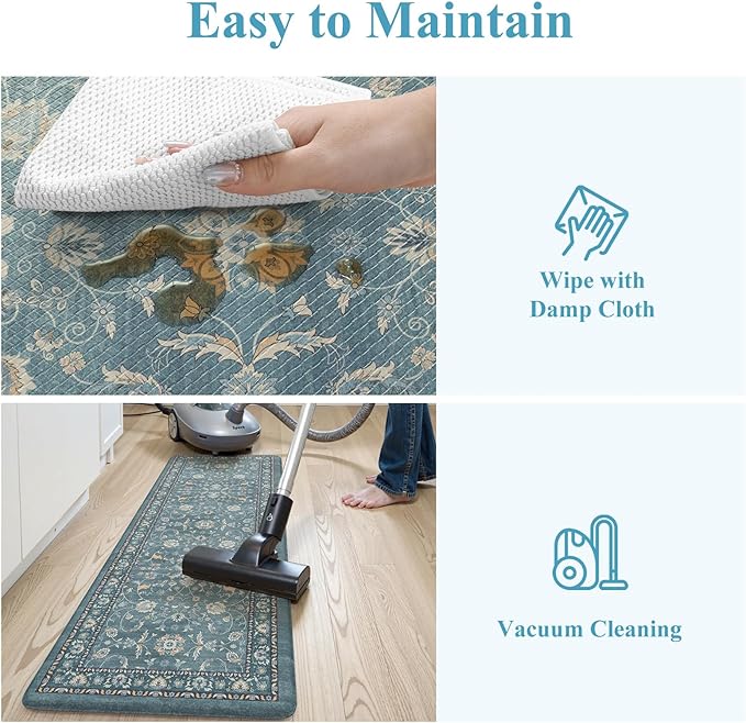 KIMODE Kitchen Floor Mats Cushioned Anti Fatigue,Comfort Memory Foam Kitchen Mats for Floor 2 Piece,Boho Vintage Floral Kitchen Rug Non Slip for Laundry Sink Office Home Decor,Blue