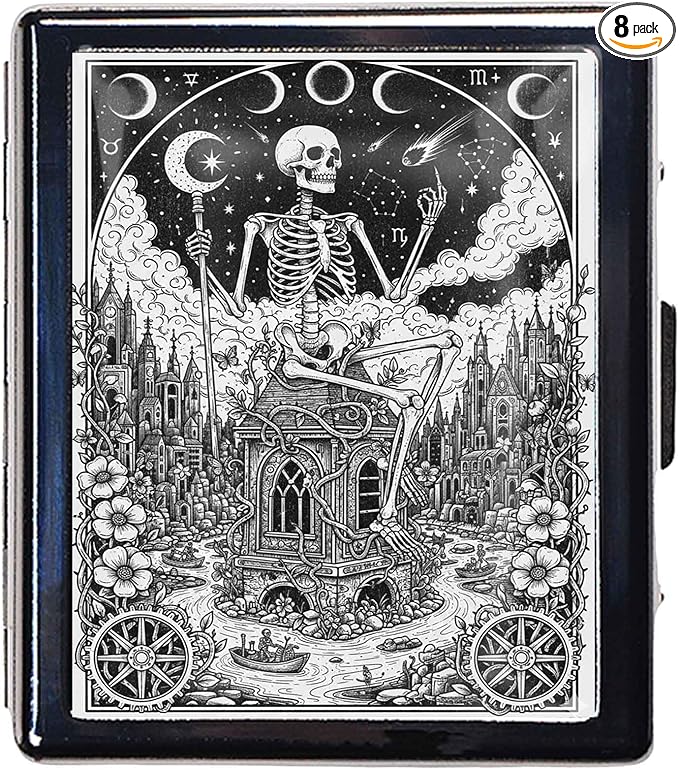 Pill Organizer Box with Mirror,8 Compartment Chrome Pill Case, Pocket-Size Travel Pill Container for Vitamins, Seniors, Daily Use,Rectangle 7 Days Pill Box Pill Case (The Mysterious Skeleton)