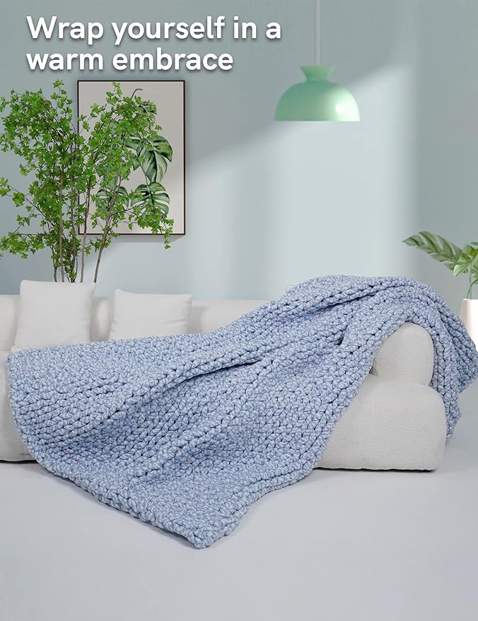YnM Weighted Blanket, Handmade Chunky Knitted Design, Soft and Cozy, Temperature Regulating and Breathable, Machine Washable Throw for Sleep or Home Decor (Blue Fancy Yarn, 80x87 Inch, 25lbs)