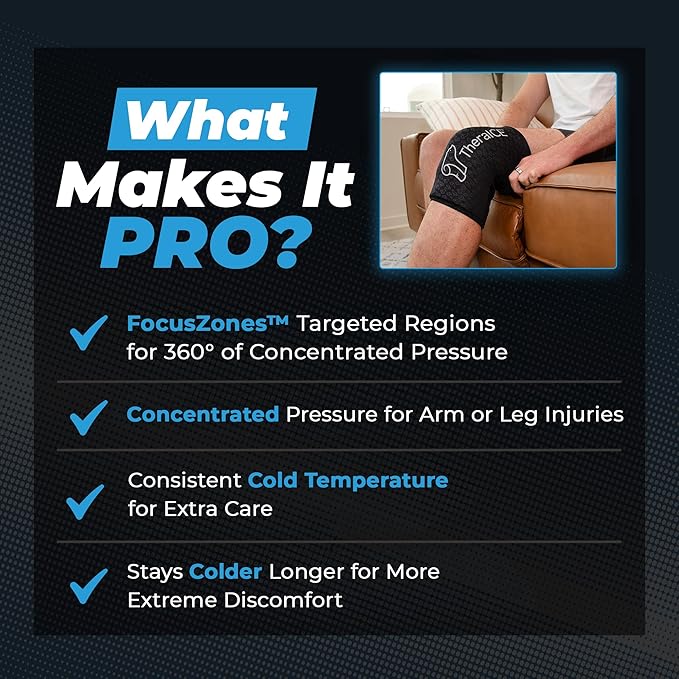 TheraICE Knee Ice Pack Wrap PRO Compression Sleeve for Injuries | Reusable Gel Cold Packs Brace Cold Wrap Recovery for Meniscus ACL MCL Surgery | FocusZone for Extra Cooling & Pressure | Women & Men