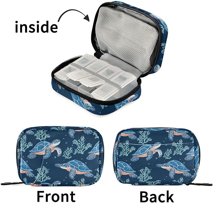 Fustylead Cute Blue Sea Turtle and Coral Decor Travel Pill Organizer Case Zipper for Purse with Removable Weekly Pill Box for Medicine, Vitamin, Supplement Medicine Organizer