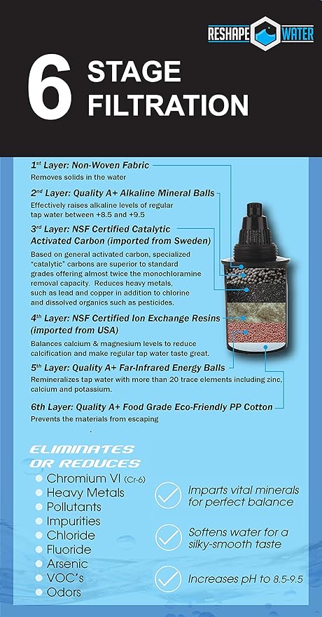 10- Cup Pitcher with 6-Stage Filter. Removes Fluoride, Chlorine, Lead, and Other Volatile Organic Compounds. Increases PH. Improves Taste. Replacement Filters Cost 25% to 33% Less.