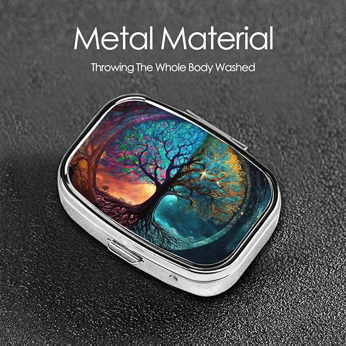 Magic Fantasy Tree Art Print Square Metal Pill Box with 2 Compartment for Pocket or Purse Travel Bag Small Size 2.2 inche