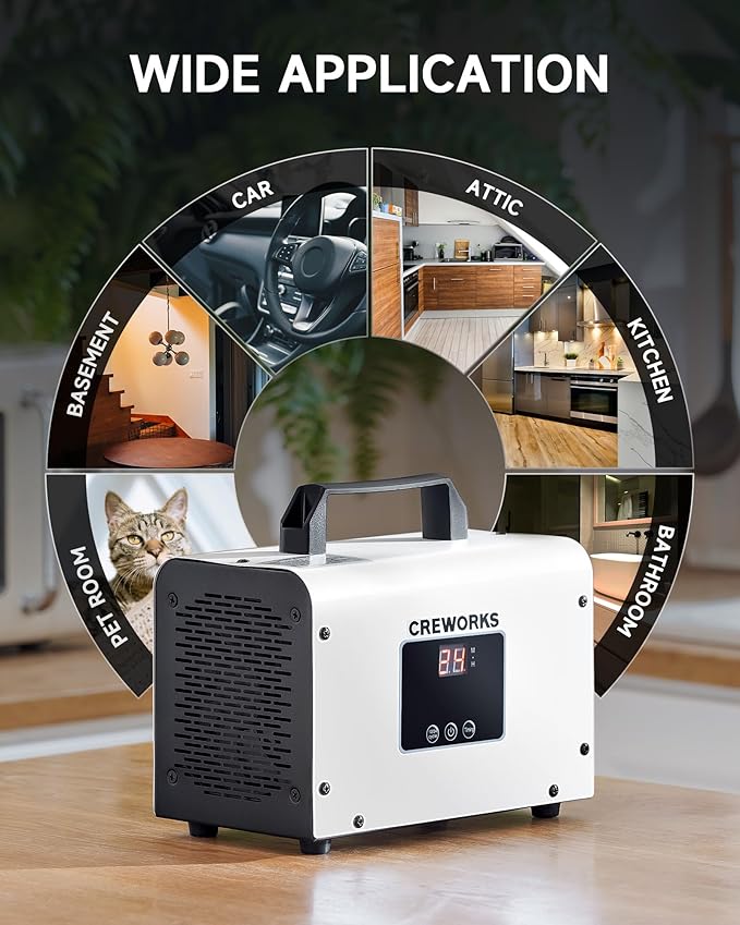 CREWORKS Digital Ozone Generator, 35000 mg/h High Capacity Ozone Machine for Car Home Smoke Pet Odor Removal, Commercial Ozone Odor Eliminator Air Purifier with Adjustable Settings for 3200 sq ft Room