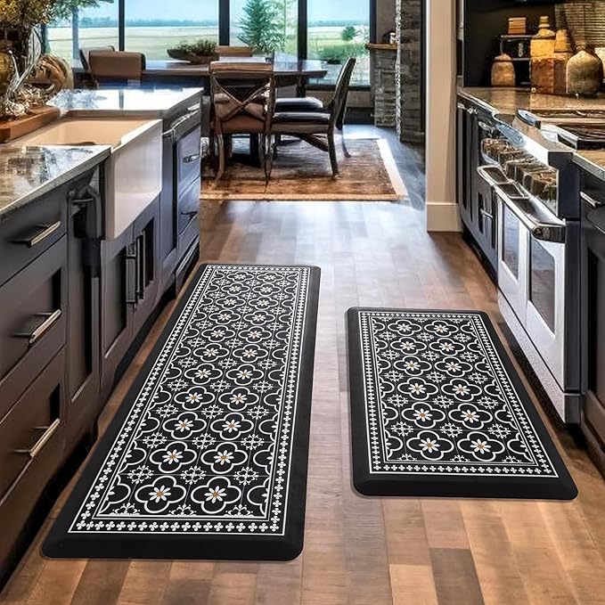 Kitchen Mat, [2 PCS] Kitchen Rugs, Cushioned Anti-Fatigue Non-Skid Waterproof Rugs, Ergonomic Comfort Standing Mat for Kitchen, Floor, Sink, Laundry, (Black)