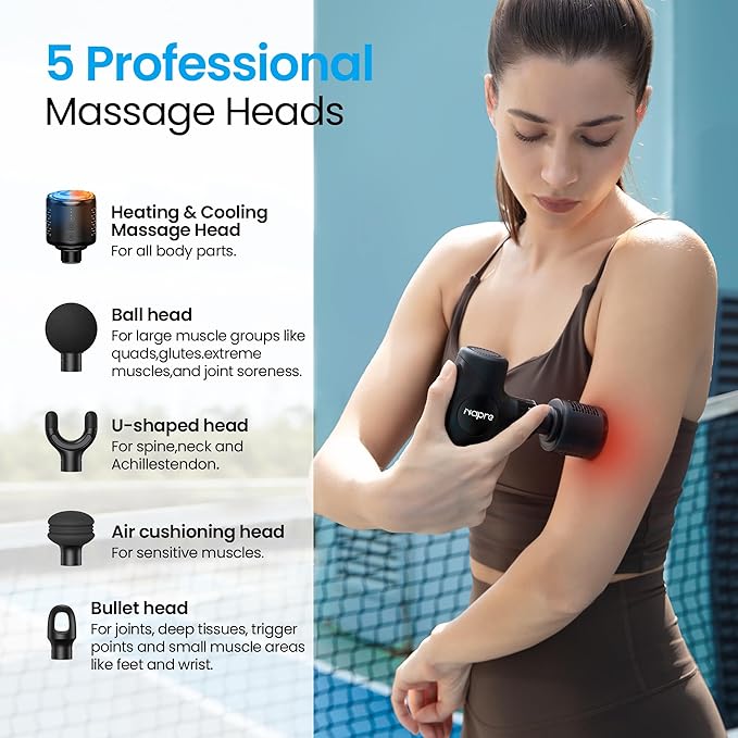 NAPRE 3-in-1 Mini Massage Gun with Heat and Cold,Deep Tissue Back Massage with Detachable Handle for Neck/Body Pain Relief,Portable Handheld Percussion Muscle Massager,Small & Quiet,5 Heads,with Case