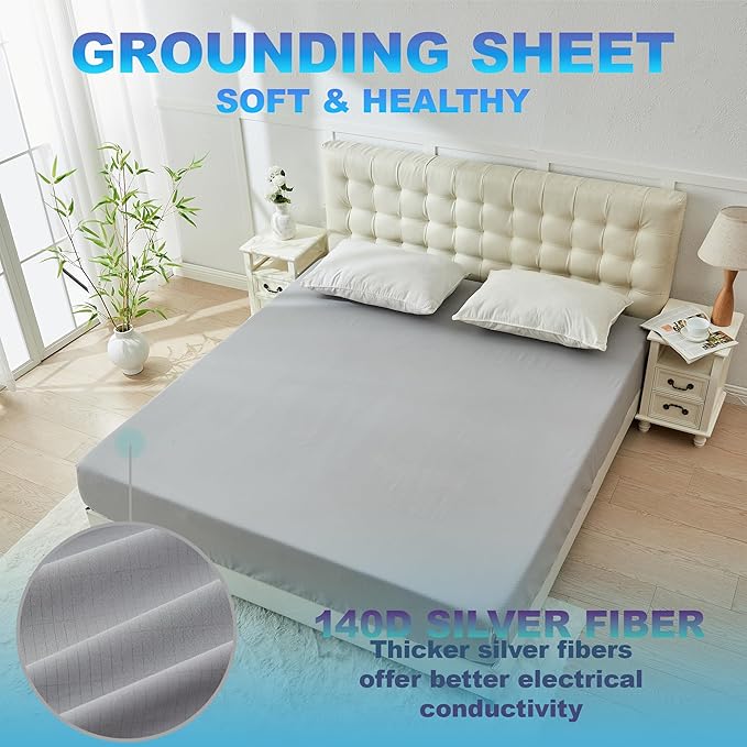 Grounding Sheets King,10% Pure Silver Fiber+90% Organic Cotton,Deep Pocket Grounding Bed Sheets.Grounded Fitted Sheets Set.