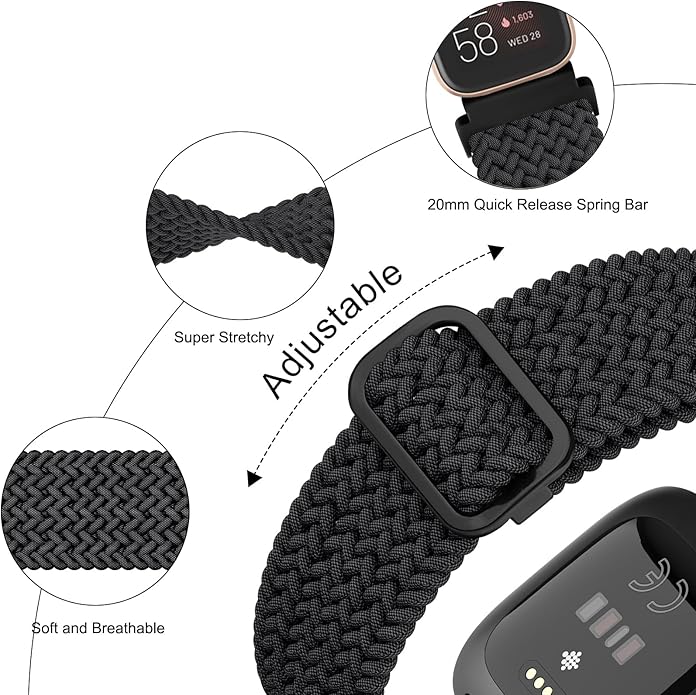 Tobfit Elastic Bands Compatible with Fitbit Versa 2 Watch Bands Women Men, Soft Adjustable Stretchy Loop Nylon Stylish Replacement Wristbands for Fitbit Versa 2 / Versa/Lite/SE (3 Pack)
