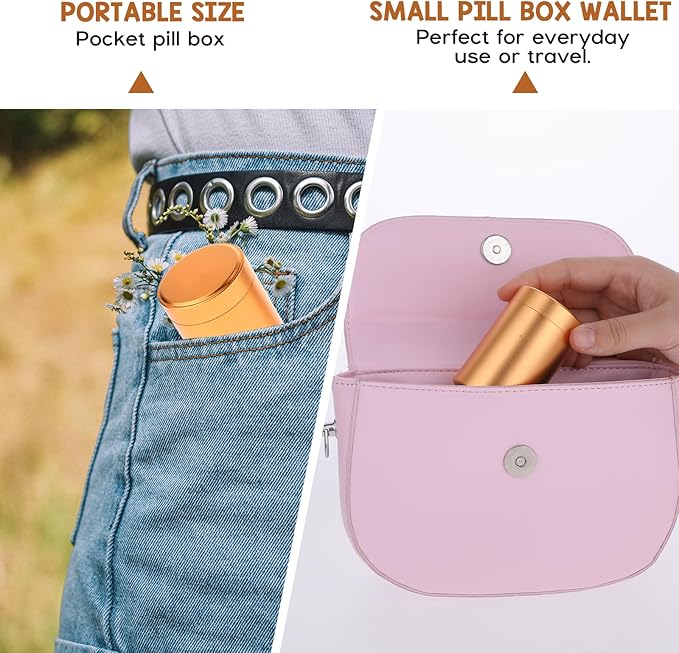 Portable Metal Small Pill Case, Round Aluminium Alloy Pill Holder Pocket Small Pill Box Waterproof Medicine Organizer Bottle Container for Travel Outdoor Vitamin Fish Oils(Gold)