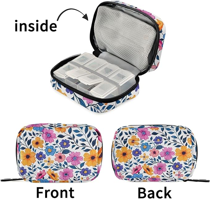 Retro Floral 7 Day Travel Pill Organizer Bag Weekly Pill Box Small Vitamin Supplements Holder with Zipper