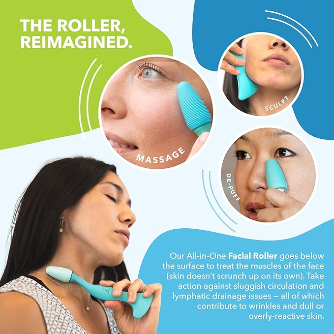 RAD 2-in-1 Face Roller – Textured and Smooth Silicone Roller Head Options - Freezer Safe for Cold Treatment - Wrinkles, Lifting & Lymphatic Drainage – Inspired by Jade Roller and Gua Sha