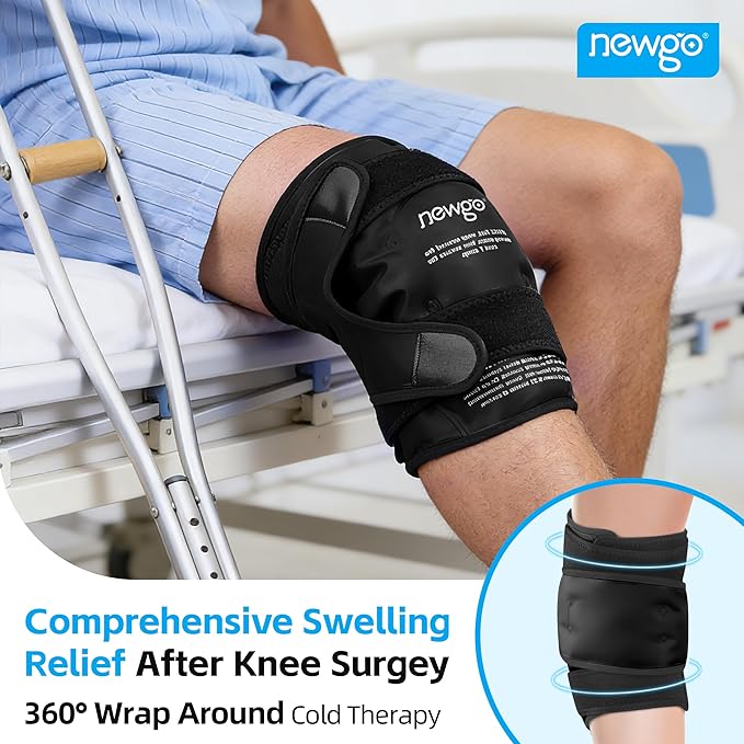 NEWGO Ice Pack for Knee Injuries Reusable, Knee Ice Pack Wrap Around Entire Knees for Replacement Surgery Recovery, Gel Cold Pack Wrap for Meniscus Tear, ACL, Swelling Pain Relief - Black