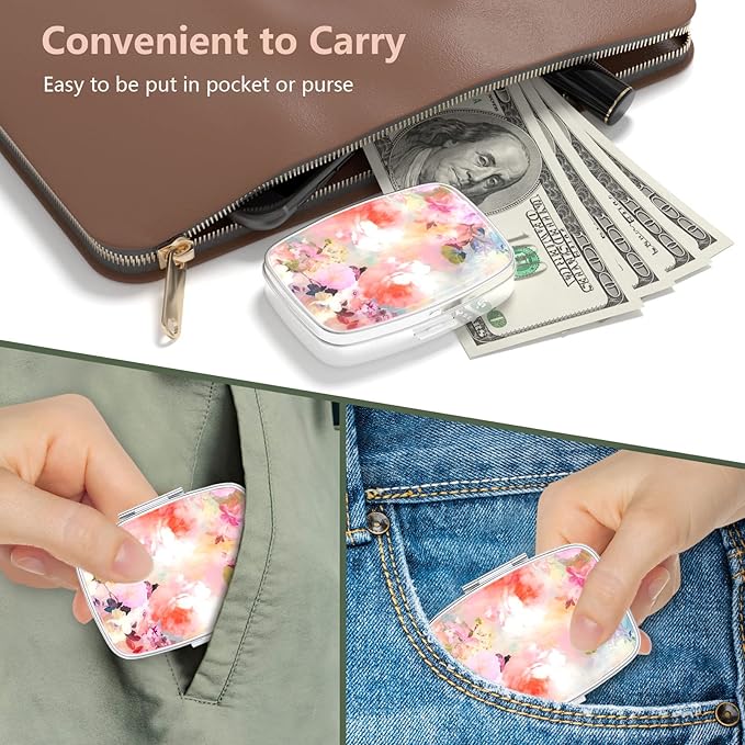 Nipichsha Pill Box, Small Pill Case for Purse & Pocket, Cute Travel Medicine Organizer, Portable Medicine Container Holder to Hold Vitamins, Medication, Fish Oil & Supplement, Watercolor Flowers