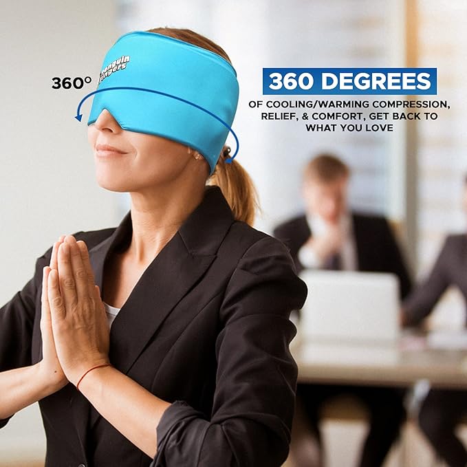 Weighted Eye Mask Migraine Headache Relief Ice Cap, Reusable Head Wrap Cold Pack, Head Ice Pack Cap Hot/Cold Therapy Soft Eye Mask for Puffy Eyes, Sinus, Tension & Stress - Non-Toxic Latex Free