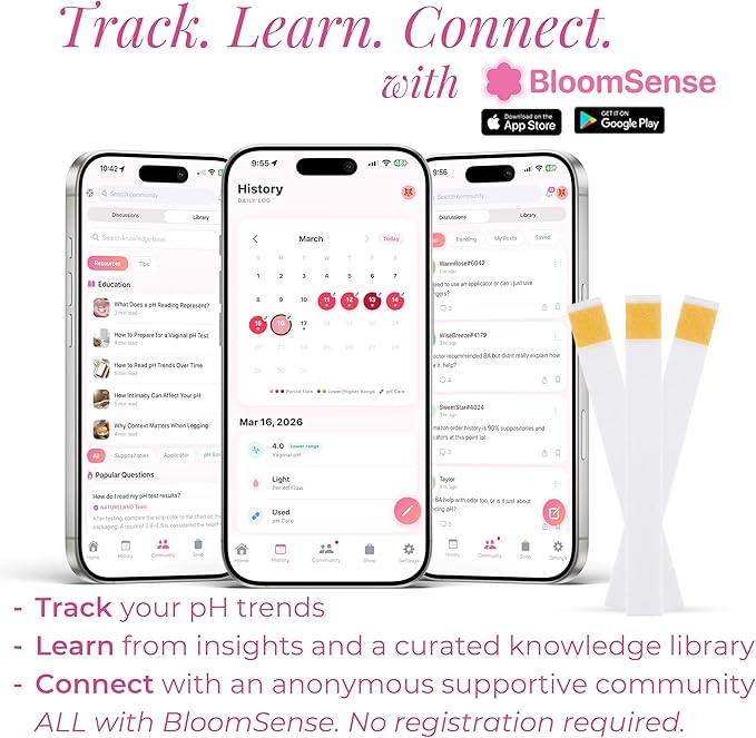 NATURELAND Vaginal pH Test Strips for Women – At-Home Test Kit, with BloomSense App, Accurate 3.5-6.5 Range, Foil-Sealed (40 Strips)