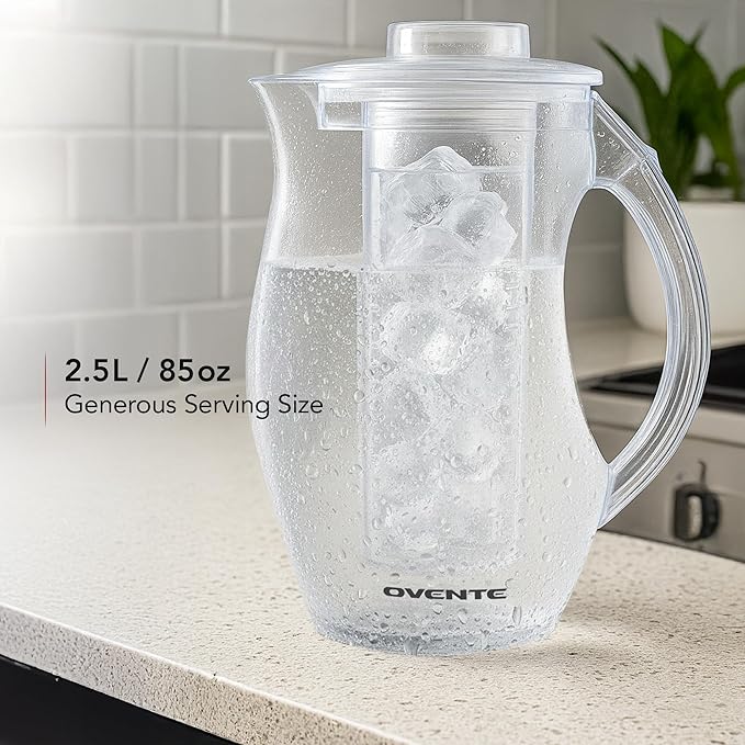 OVENTE Fruit Infusion Water Pitcher 2.5L/85Oz with Removable Lid and Infuser Rod, BPA-Free, Shatterproof Acrylic Beverage Jug for Flavor-Infused Drinks, Lemonade, Juice and Iced Tea, Clear PIA0852C