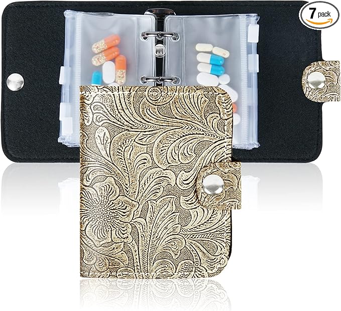 Hennaja Pill Organizer,Pill Pouches Clear Plastic Pill Bags Self Sealing Travel Medicine Organizer Storage(1-Carving Gold)