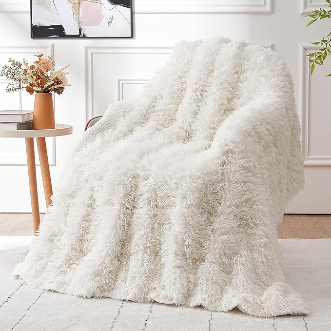 Cottonblue Fluffy Weighted Blanket 20lbs, Luxury Fuzzy Faux Fur Weighted Blanket Throw for Adults, Long Fur Shaggy Snugly Blanket Cosy Winter Blanket for Home Decor, 60"x80", Cream White