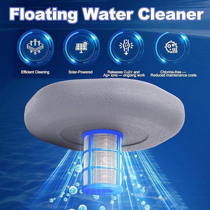 Solar Pool Ionizer - Floating Pool Cleaner for Swimming Pools Up to 45,000 Gallons for Large Pool, Big Solar Panel & Durable Copper Anode, Clear Water with Minimal Effort