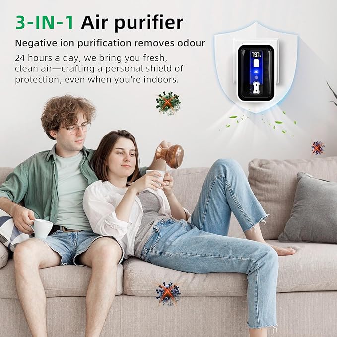 3 In 1 Air Ionizers For Home - Negative Ion Filtration System,Real Time Temperature Display Air Purifier Plug,Portable Air Purifier For Kitchen Bedroom,Quiet Operation Mini Air Cleaner
