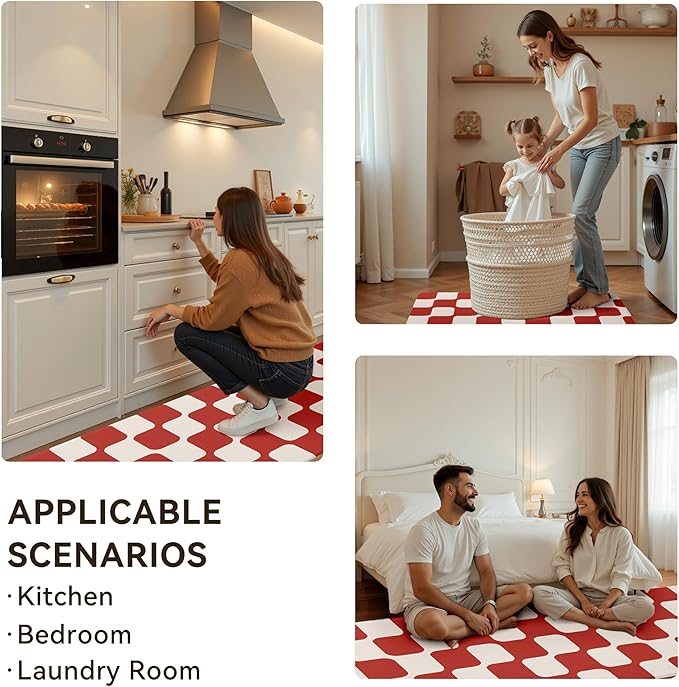 Red Beige Retro Curvy Checkered Grid Checkerboard Kitchen Rug Sets [2 PCs], Anti-Fatigue, Waterproof Non-Slip Kitchen Mats Heavy Duty Comfort Foam Rug for Floor, Home, Laundry,17"x29"+17"x47"