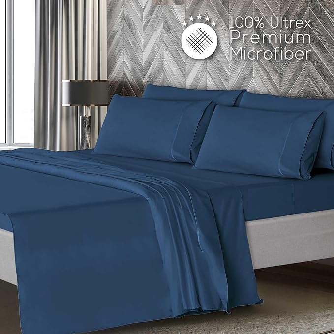 Mueller Ultratemp Bed Sheets Set, Super Soft 1800, 6 Piece California King Sheet Sets, Deep Pocket up to 16", Transfers Heat, Breathes Better, Hypoallergenic, Wrinkle-Resistant, Oeko-TEX, Navy