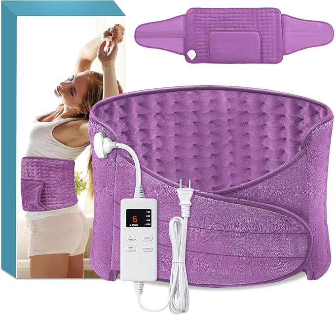 Heating Pad Back Pain Relief Electric Heating Pad for Period Cramps Lower Back Neck Shoulders Pain Relief 6-Hour Auto Off 12x24 Heated Pad + 20" Belt 4 Timer 6 Heat Level Wrap (Lilac)
