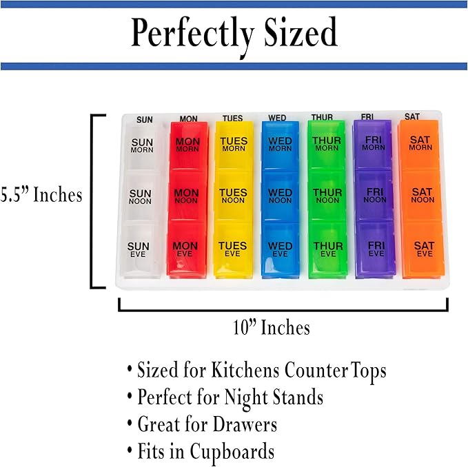 GMS 3 Times a Day Weekly Pill Reminder for Medication Vitamins and Supplements | White Tray with Removable Daily Boxes - Rainbow