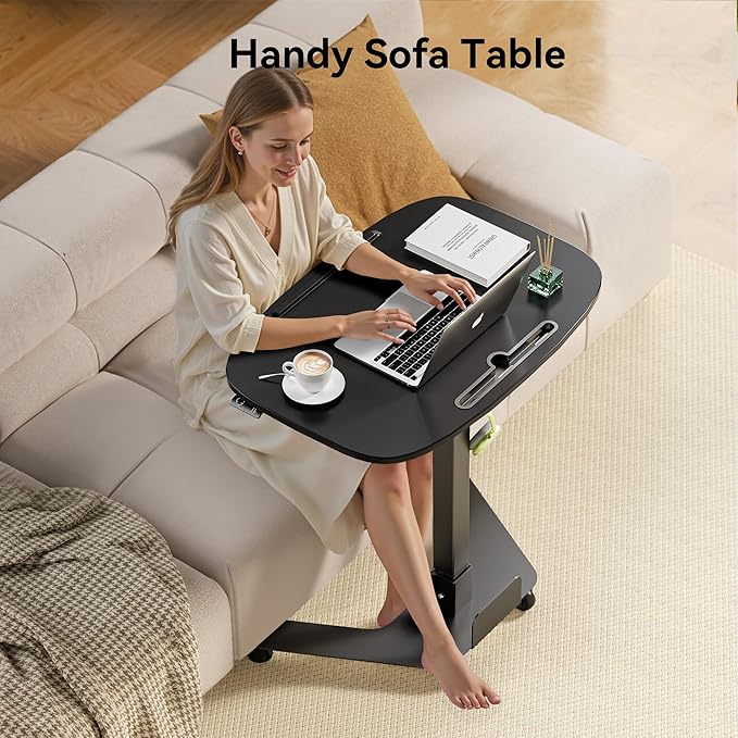 Foldable Pneumatic Height Adjustable Mobile Standing Desk with 90° Tiltable Tabletop, 27.2x18.9 Inch Portable Laptop Desk with Wheels, Holds Up to 66.1lbs for Home Office, Study, Black