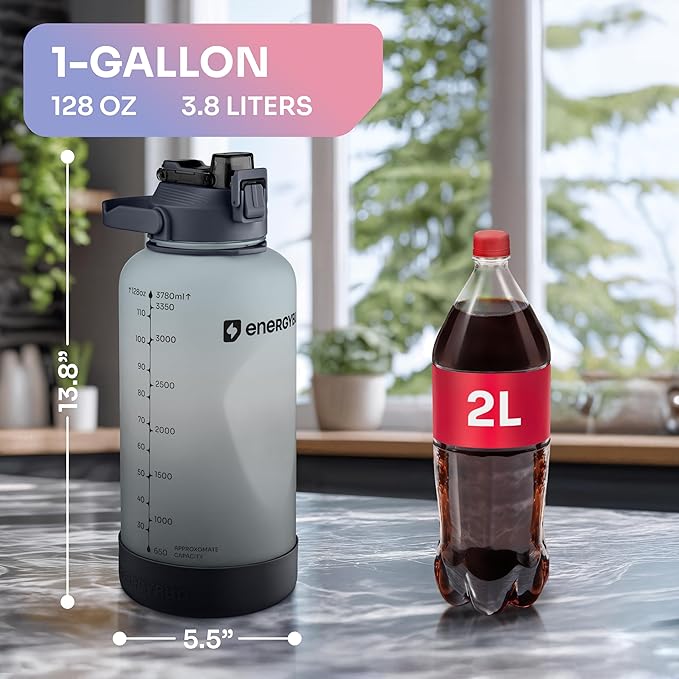 1 Gallon Water Bottle With Straw Dishwasher-Safe BPS & BPA Free, 2 Cleaning Brush Motivational 128oz Water Jug with Time Markers, Wide-Mouth Tritan, Gym & Exercise Equipment(Clear & Black)