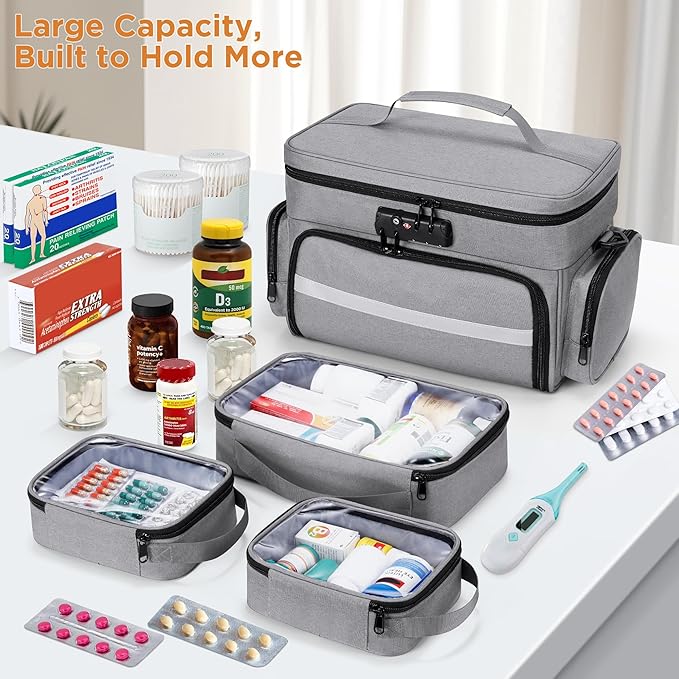 Zannaki Medicine Bag with 3 Removable Pouches, First Aid Bags Empty with Combination Lock, Double Layers Pill Bottle Organizer with Shoulder Strap, Large Medication Travel Storage for Medical Supplies