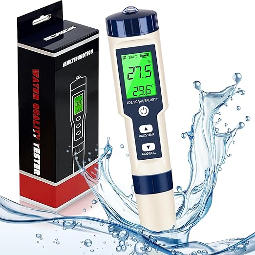 PH Meter for Water 5 in 1 PH Temp TDS and EC Meter,Salinity Meter,PH Tester Digital,TDS Meter Digital Water Tester&Pool Salt Tester for Swimming Pool.