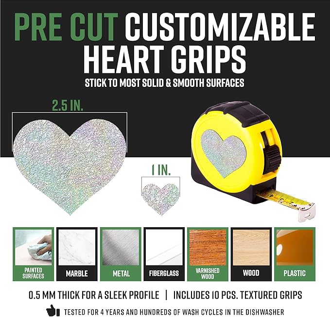 Dragon Grips Heart Stickers - 10 Pcs Holographic Heart-Shaped Rubberized Grip Stickers - Waterproof, Multi-Purpose, Non-Slip, Textured Cell Phone Grip Tape for Laptop, Mouse, Tablet, iPad, iPhone Case