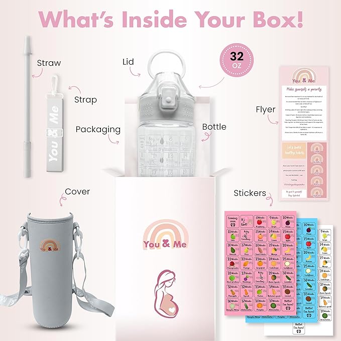 You & Me Pregnancy Water Bottle (32 oz) with Carry Sleeve – Hydration Tracker for Expecting Moms, Milestone Stickers (Pink/Blue/Neutral), BPA-Free, Covered Straw Lid – Gift for Pregnancy & New Moms