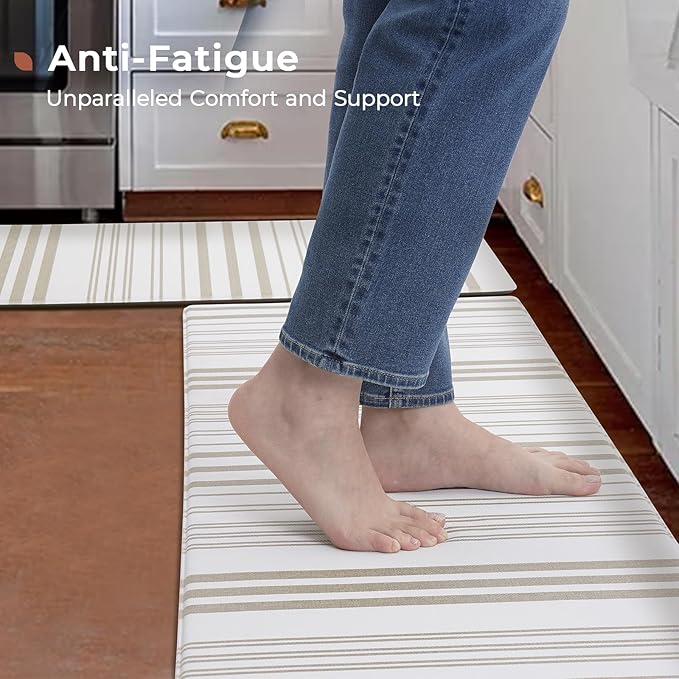 FRESHMINT Farmhouse Stripe Anti-Fatigue Kitchen Mat Set of 2, Cushioned Foam Kitchen Mats for Floor, Waterproof Non Slip Comfort Mat, Modern Kitchen Rug for Kitchen Decor, Sink, Laundry, Office
