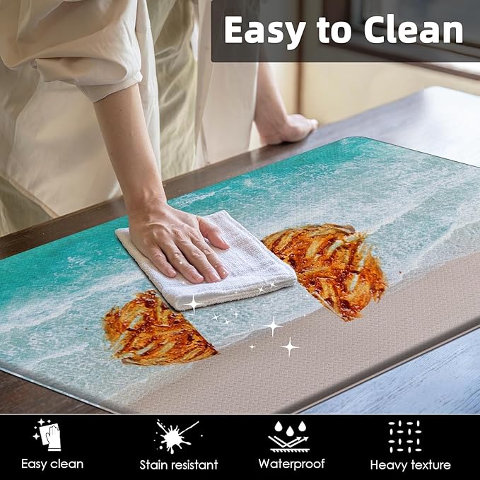Arttown Summer Beach Sea Ocean Anti-Fatigue Kitchen Rug Set of 2 Blue Teal Cushioned Floor Standing Mat Waterproof Non-Slip Kitchen Mat and PVC Ergonomic Comfort Foam Rug